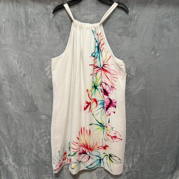 Tommy Bahama 100% Linen Floral Halter Shift Dress L Tropical Hibiscus Print - Picture 1 of 10